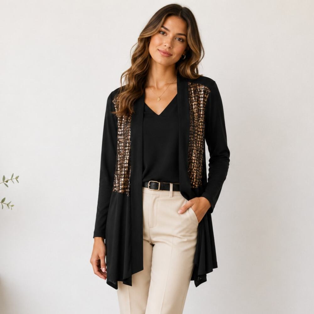 Susan Graver Liquid Knit Cardigan Womens Size 2X Black Gold Sequins Office Party